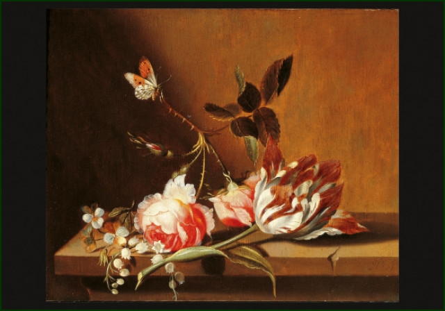 Bloemen op de rand van een tafel, Jacob Marrel, Het Frans Hals Museum