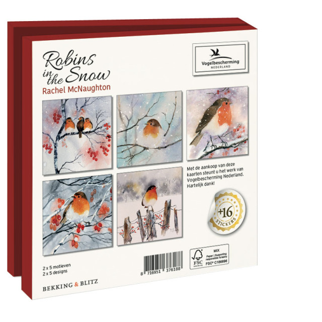 Kaartenmapje met env, vierkant: Robins in the Snow, Rachel McNaughton, Vogelbescherming